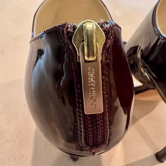 Jimmy Choo size 7.5 burgundy, shiny patent peep toe platforms with back zip. - Picture 3 of 9